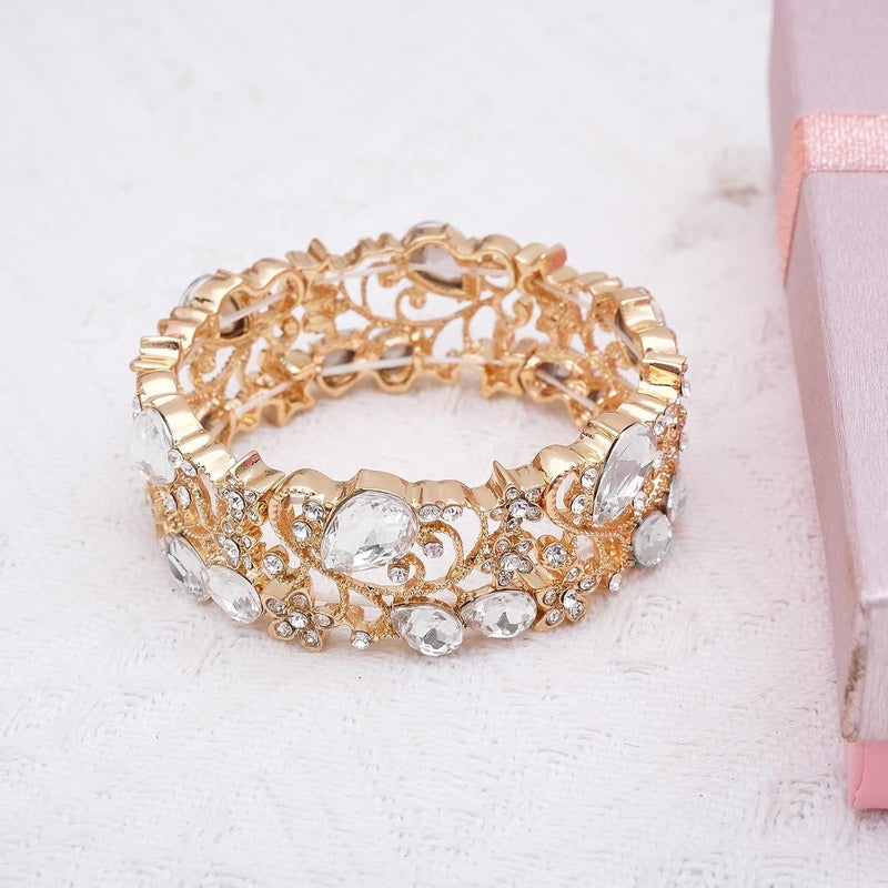 CSY Elegant Crystal Costume Jewelry Sets Flower Bridal Necklace Earrings Stretch Bangle Set for Bride Bridesmaid Wedding Dress Accessories - Image 5
